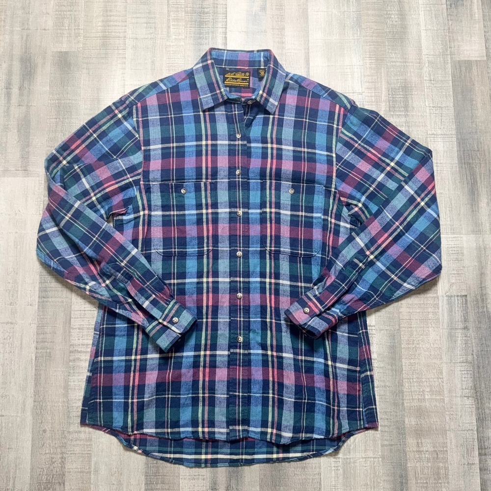 VTG Eddie Bauer Shirt Women's Medium Flannel Multicolor Plaid Button Down Cotton